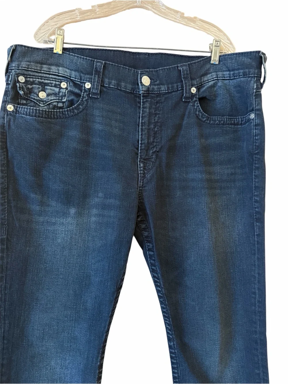 True Religion Geno Flap Big T Blue Men's Relaxed Slim Jeans Size 40 Thick Stitch
